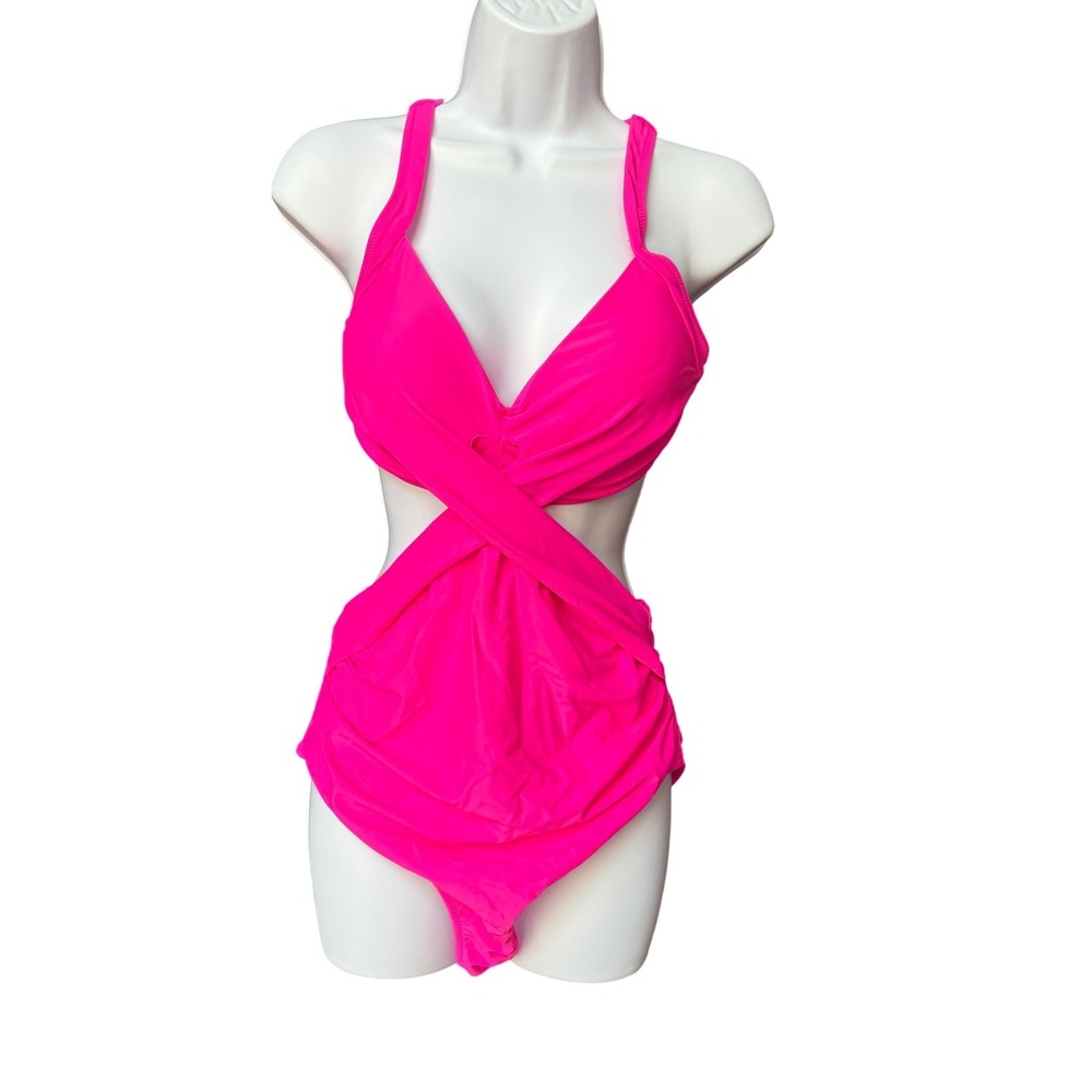 Hot‎ Pink Wrap Front Cutout Monokini One Piece Swimsuit Neon Barbiecore Womens L
